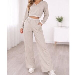 Stylus Womens 2 Piece Loungewear Set Beige V-Neck Crop Top Wide Leg Pants XS e3